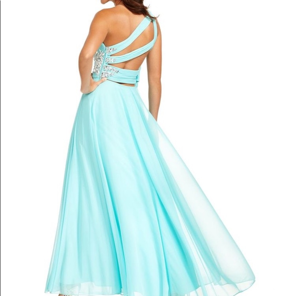 Xscape blue silver chiffon one shoulder gown dress